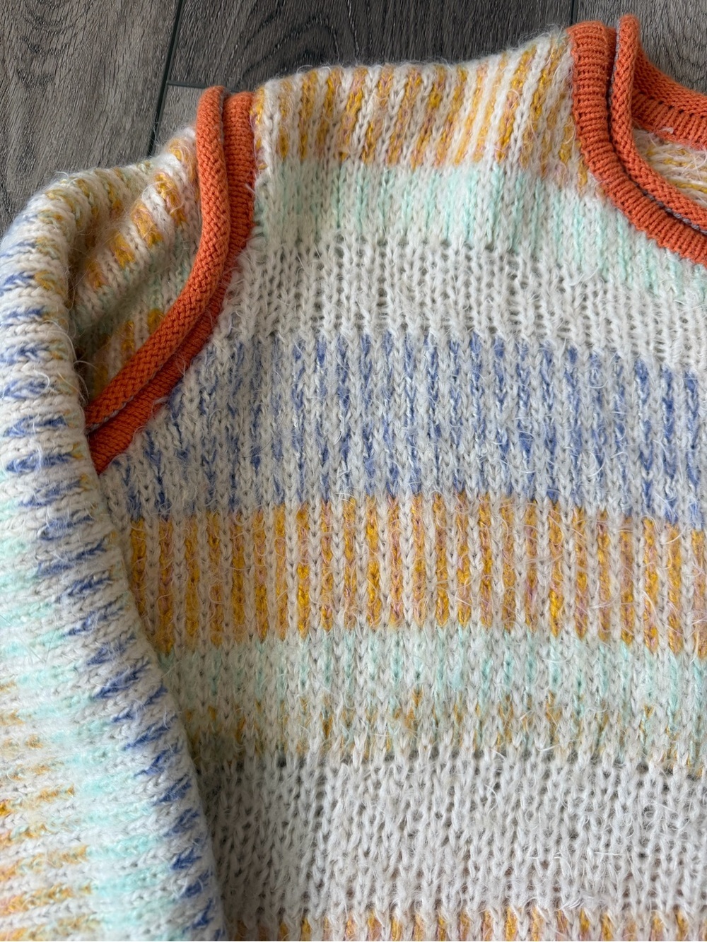 Urban Outfitters- Cozy Pastel Striped Crewneck Sweater with Orange Trim - Picture 3 of 11